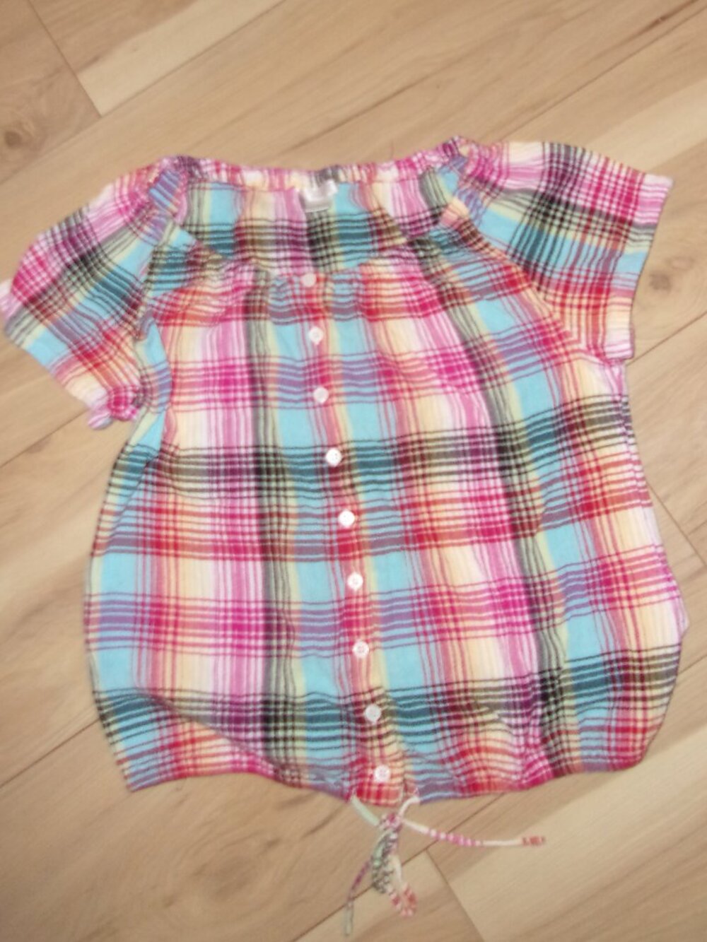 size small womans shirt top blouse casual dress plaid pink blue white button